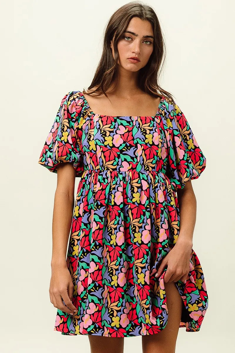 BiBi Black Multi Floral Print Puff Sleeves Square Neck Dress