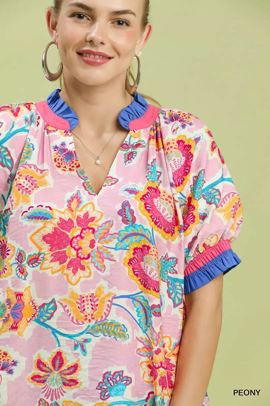 Umgee Peony Floral Print Ruffled Short Sleeve Blouse