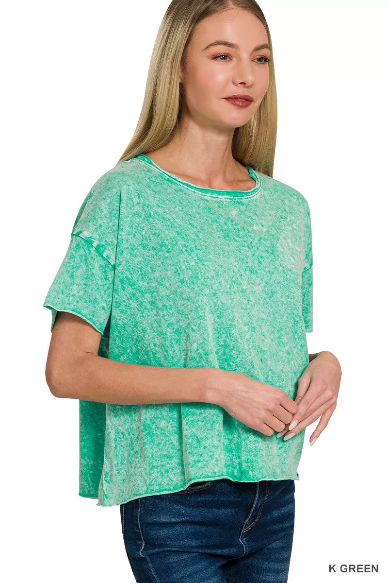 Zenana Kelly Green Halo Washed Cotton Short Sleeve Top