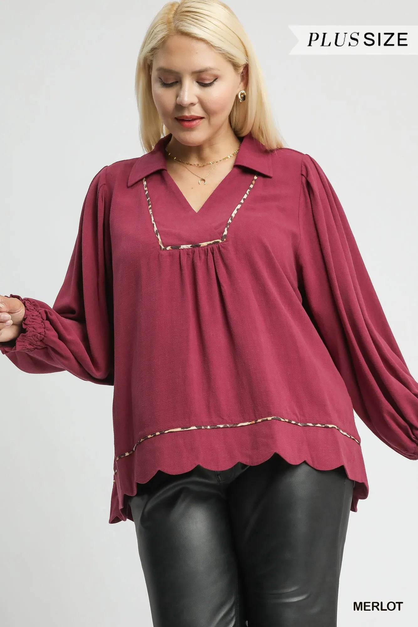 Umgee Merlot Linen Scallop Hem Blouse with Contrast Trim
