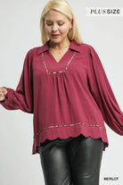 Umgee Merlot Linen Scallop Hem Blouse with Contrast Trim