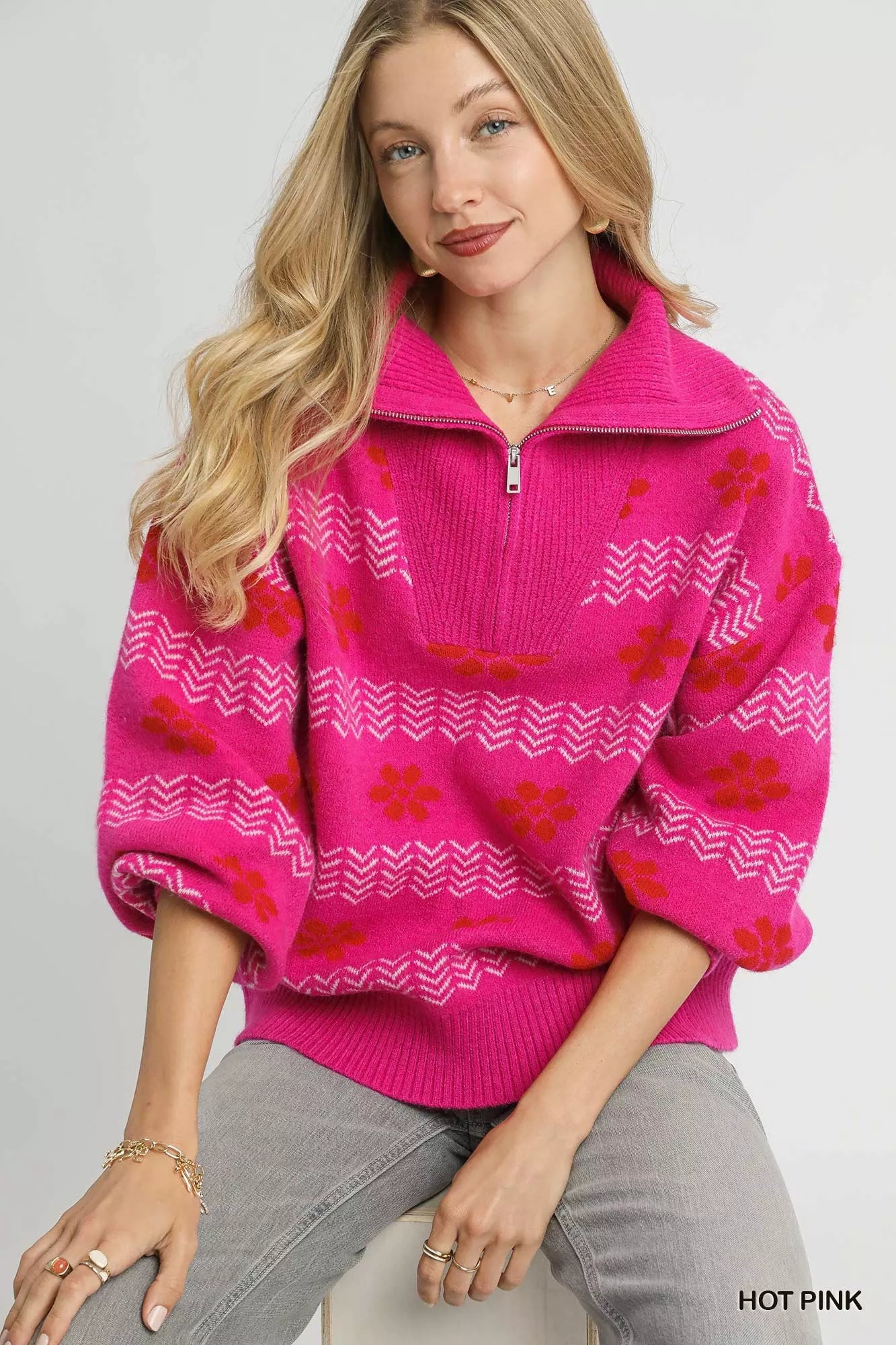 Umgee Hot Pink Floral Patterned Jacquard Quarter-Zip Pullover Sweater
