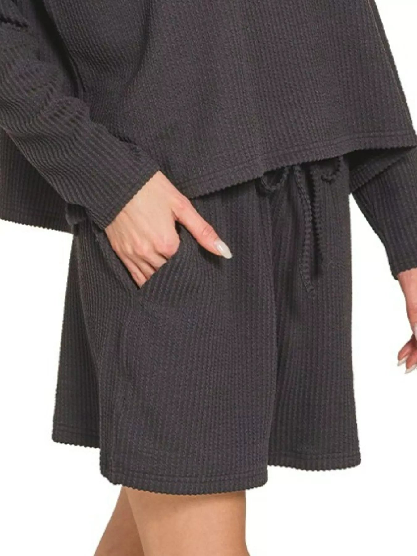 Zenana Black Corded Rib Long Sleeve Tee and Shorts Set