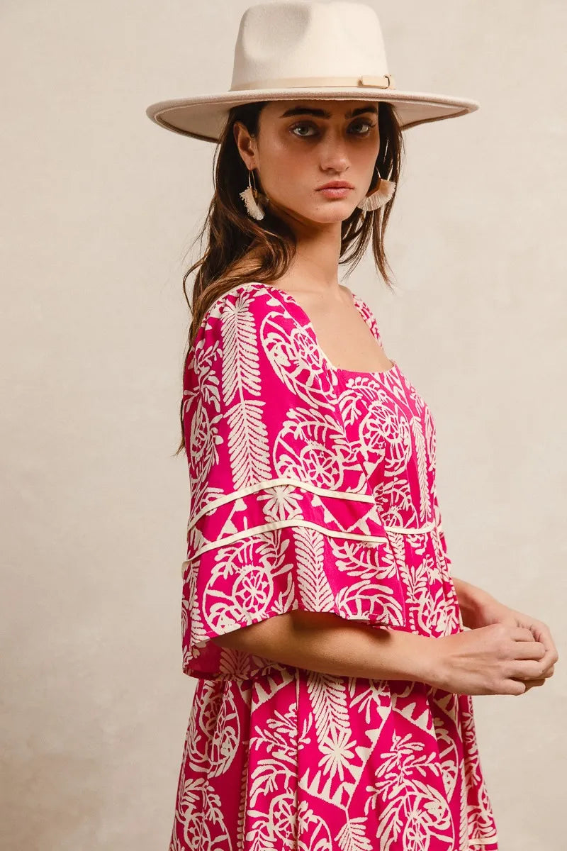 BiBi Fuchsia Aztec Woven Printed Contrast Binding Dress