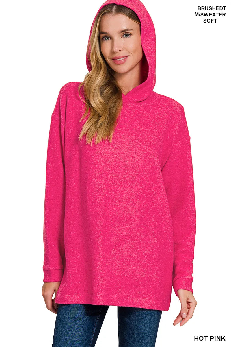 Zenana Hot Pink Hooded Brushed Melange Hacci Sweater