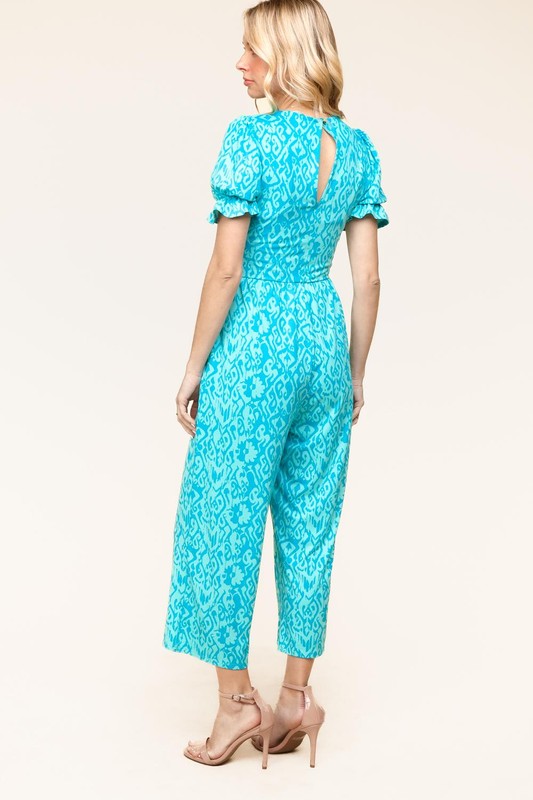 Haptics PLUS Spring Vibes Aqua Ikat Print Ruffle Sleeve Wide Leg Jumpsuit
