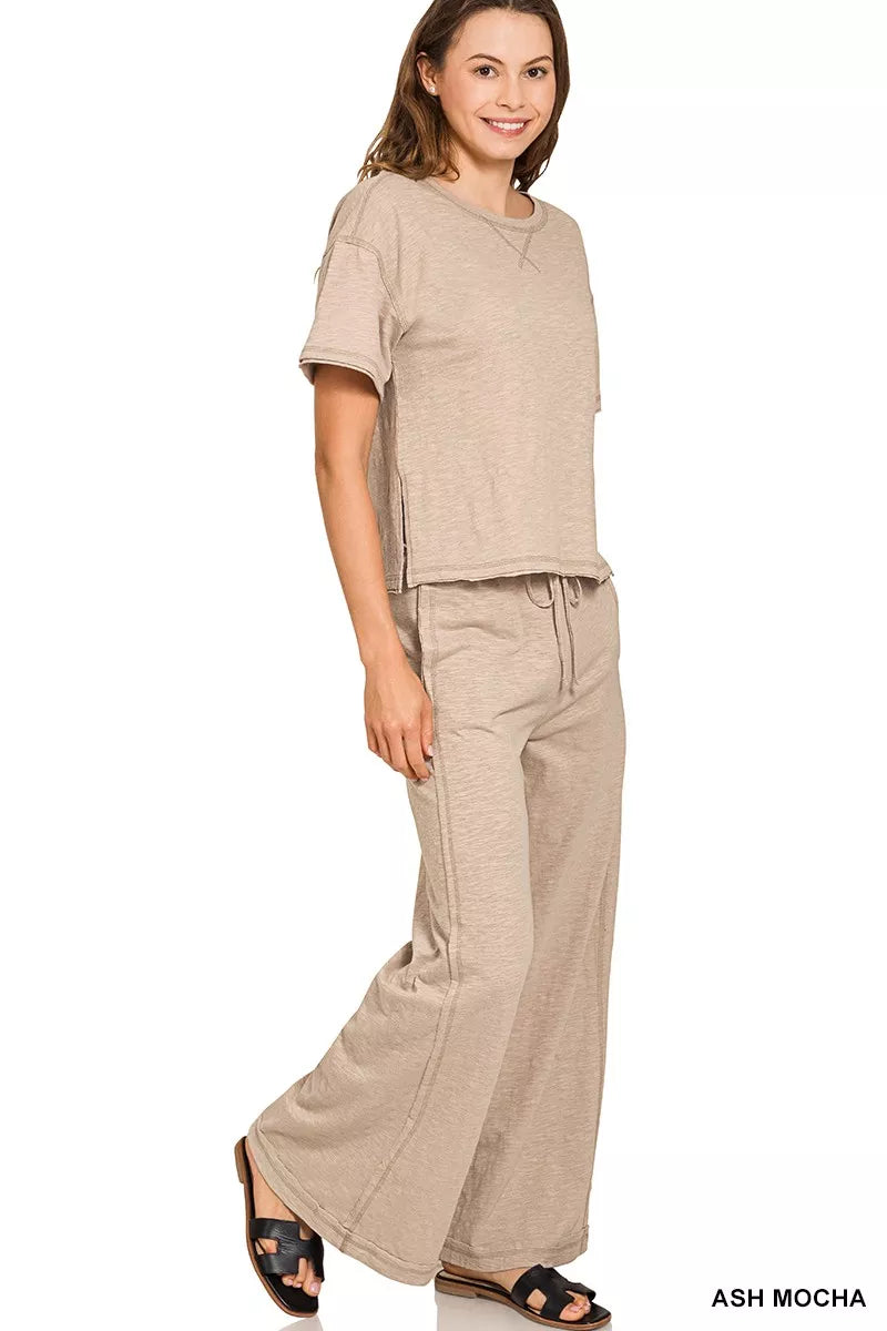 Zenana Ash Mocha Cotton Slub Short Sleeve Tee and Pants Set