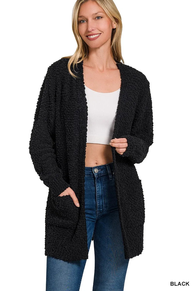 Zenana Black Long Sleeve Popcorn Sweater Cardigan with Pockets BLACK