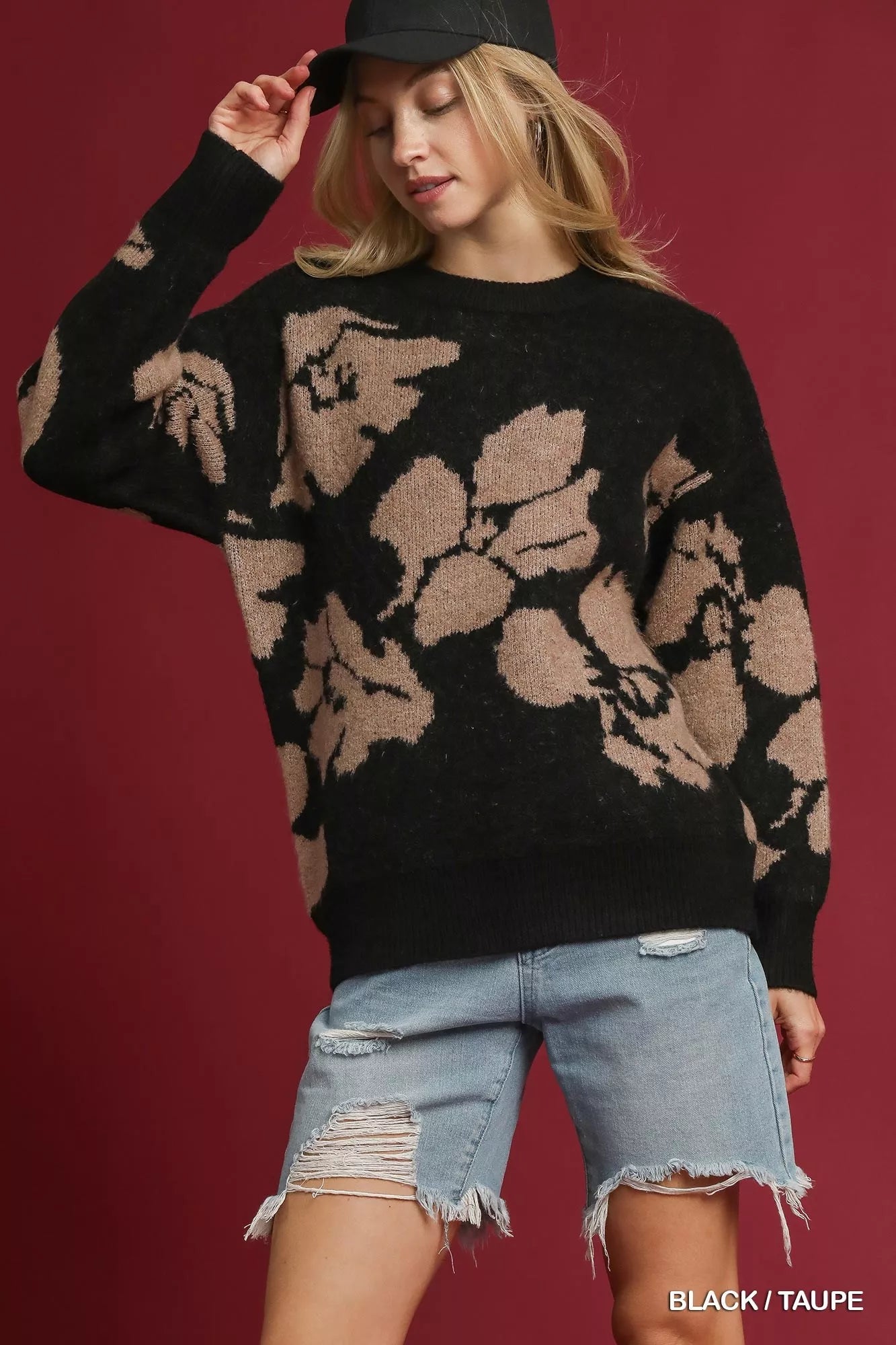 Umgee Black & Taupe Floral Long Sleeve Sweater BLACK TAUPE