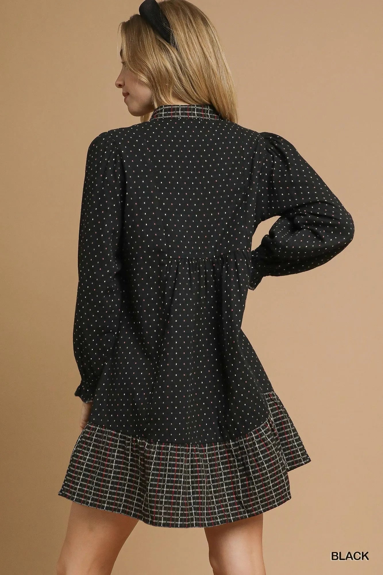 Umgee Black Polka Dot Plaid Trim Babydoll Dress