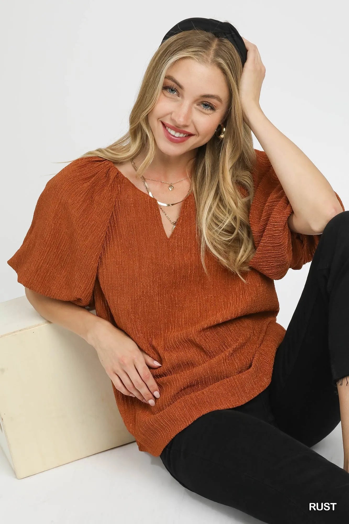 Umgee Rust Textured Flutter Sleeve Notch Neck Top