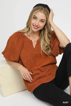Umgee Rust Textured Flutter Sleeve Notch Neck Top