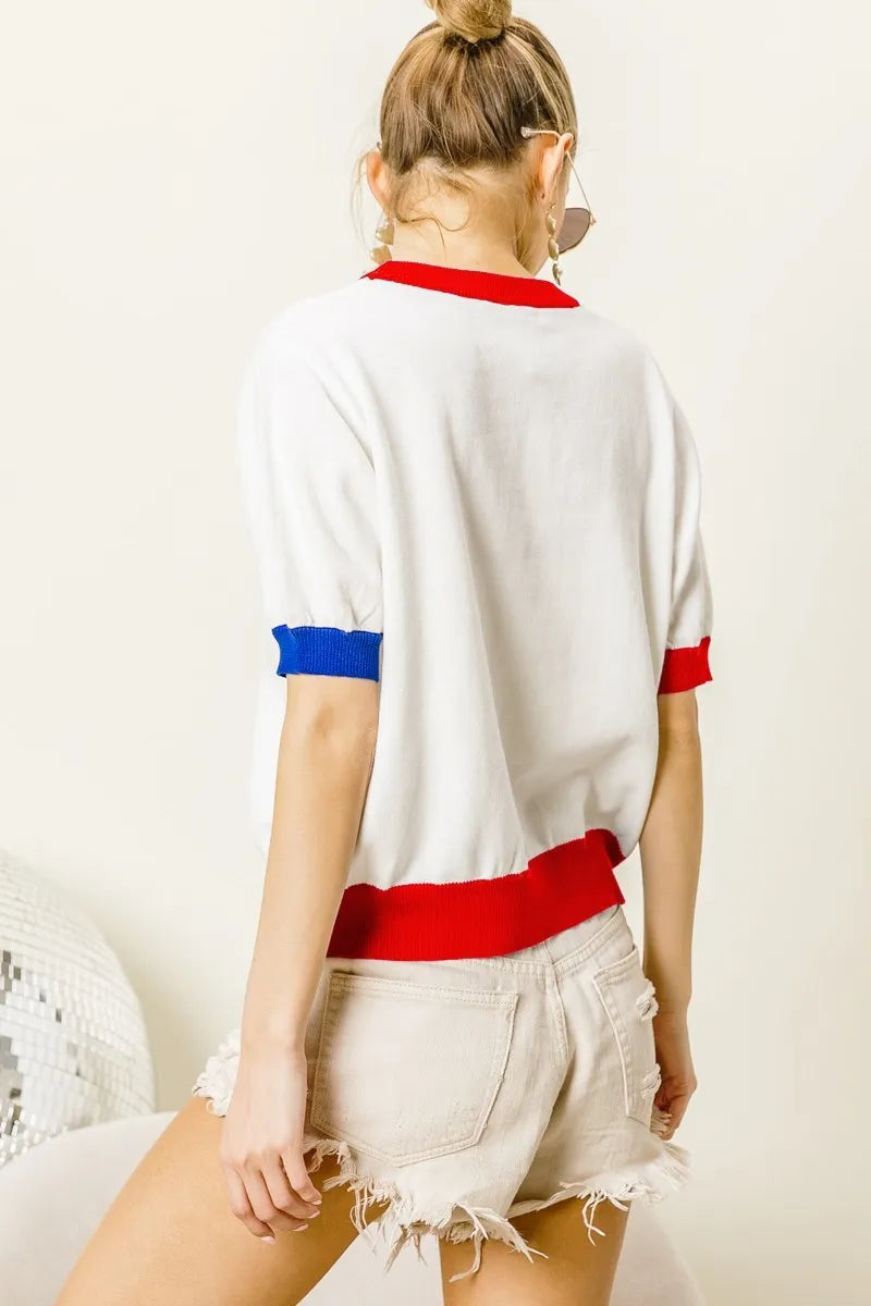 BiBi White USA Metallic Letter Color Block Light Weight Knit Top