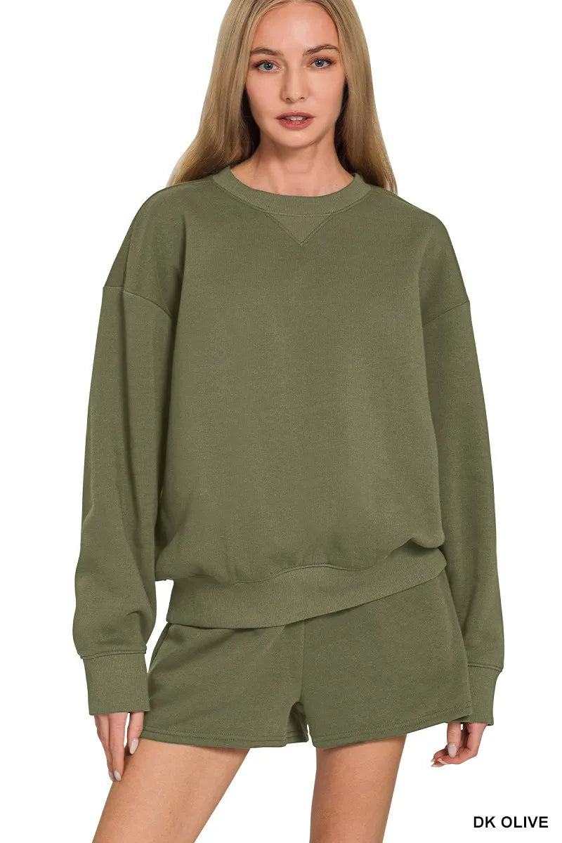 Zenana Dark Olive Fleece Long Sleeve Sweatshirts & Shorts Set