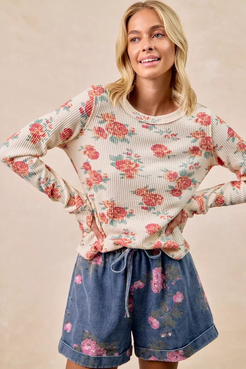 BiBi Oatmeal Floral Print Washed Waffle Thermal Top With Thumb