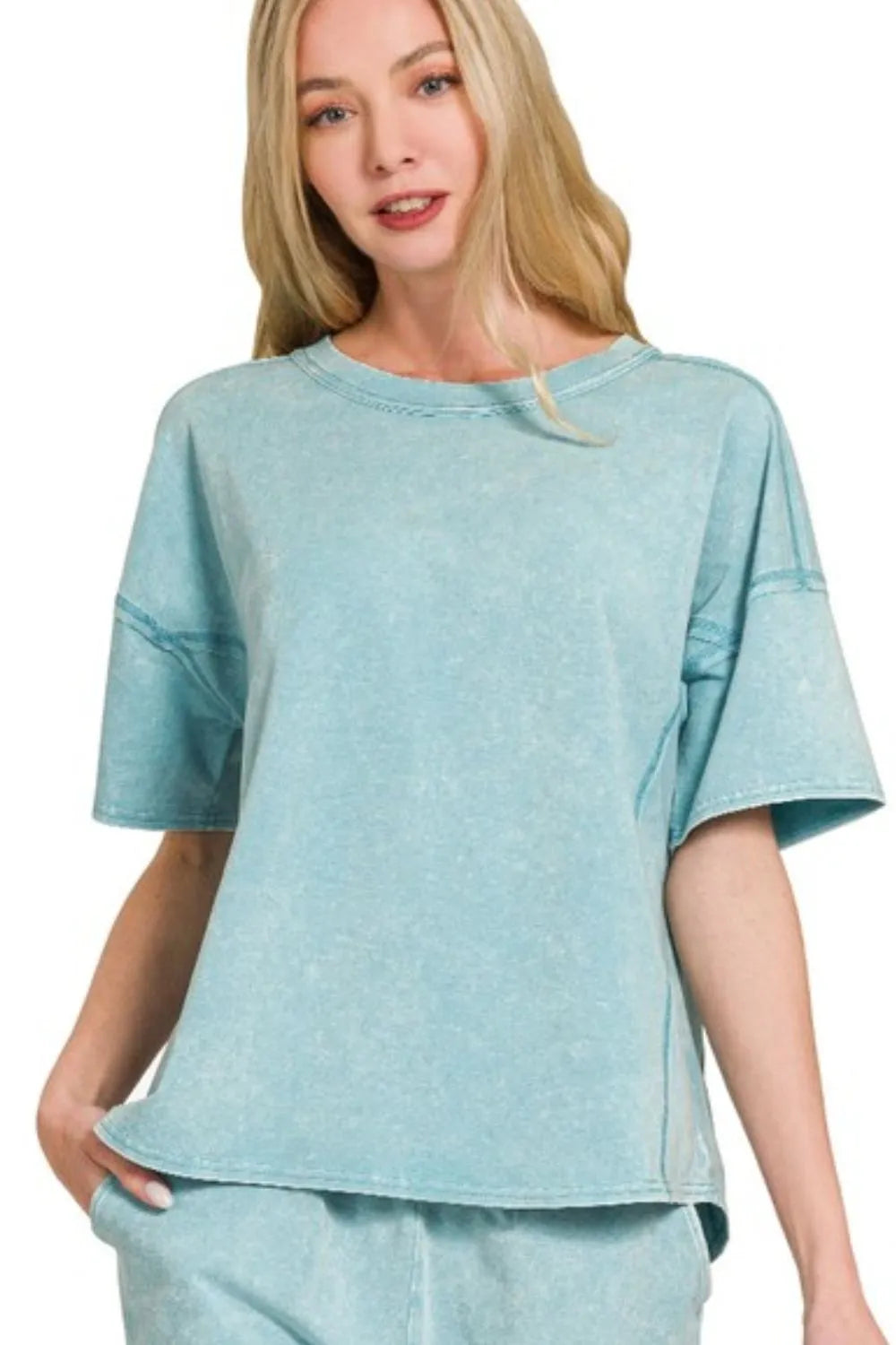 Zenana Dusty Teal Acid Washed Short Sleeve Tee & Shorts Set