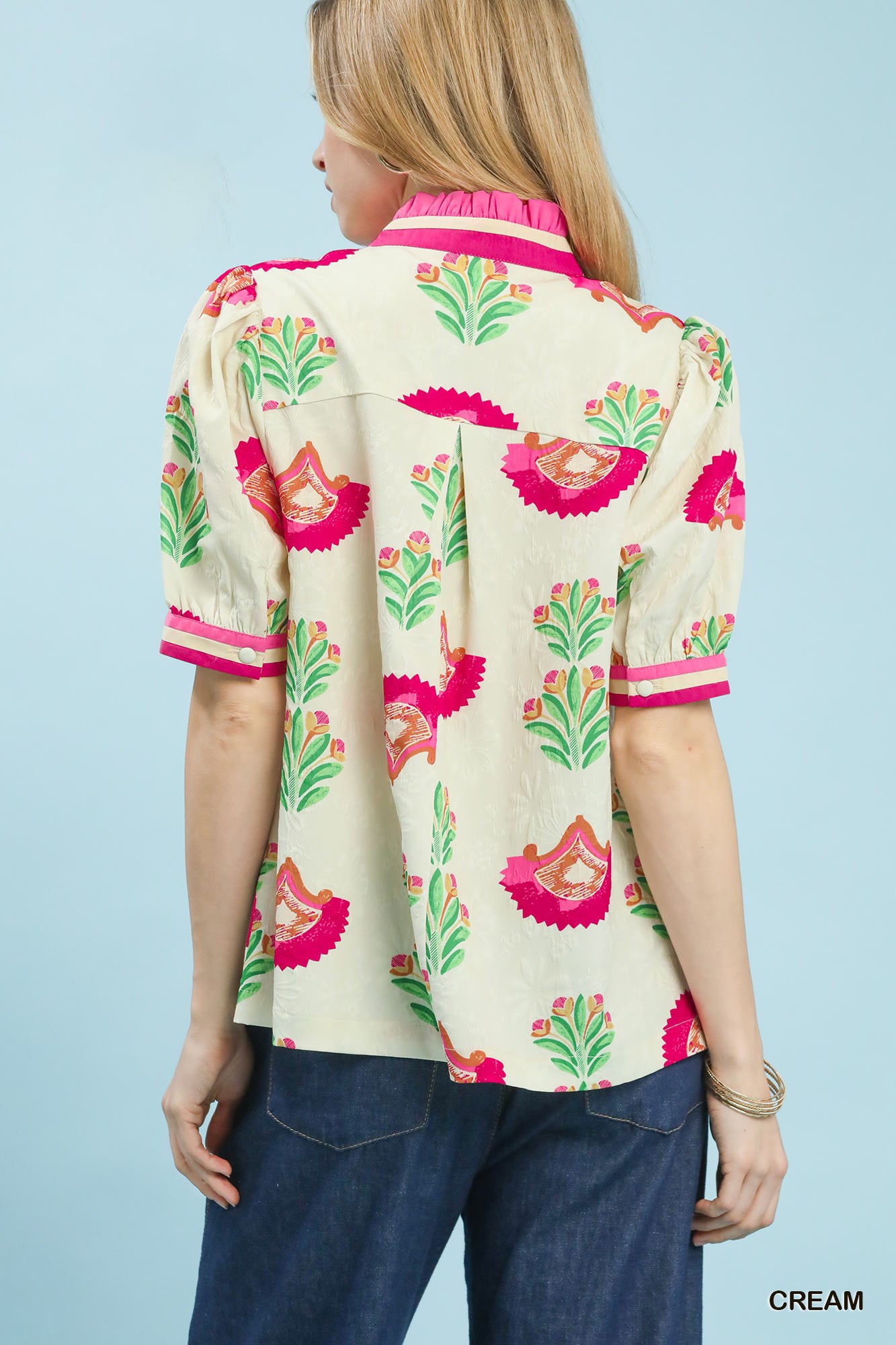 Umgee Cream Floral Print Puff Sleeve Blouse with Contrast Trim