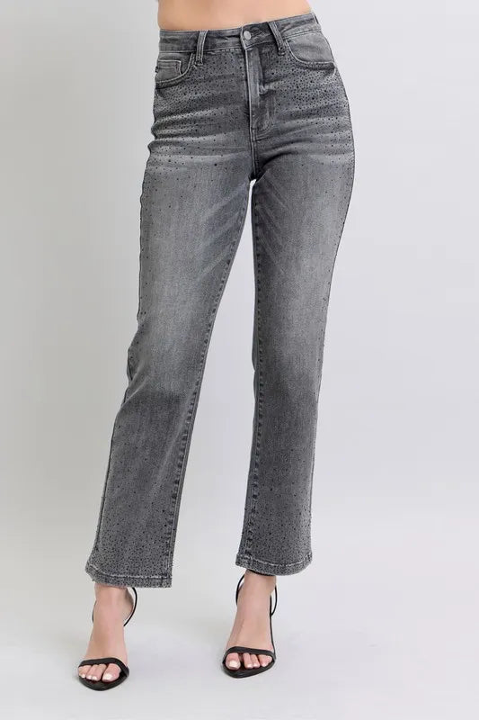 Judy Blue Gray High Waist Rhinestone Straight Jeans