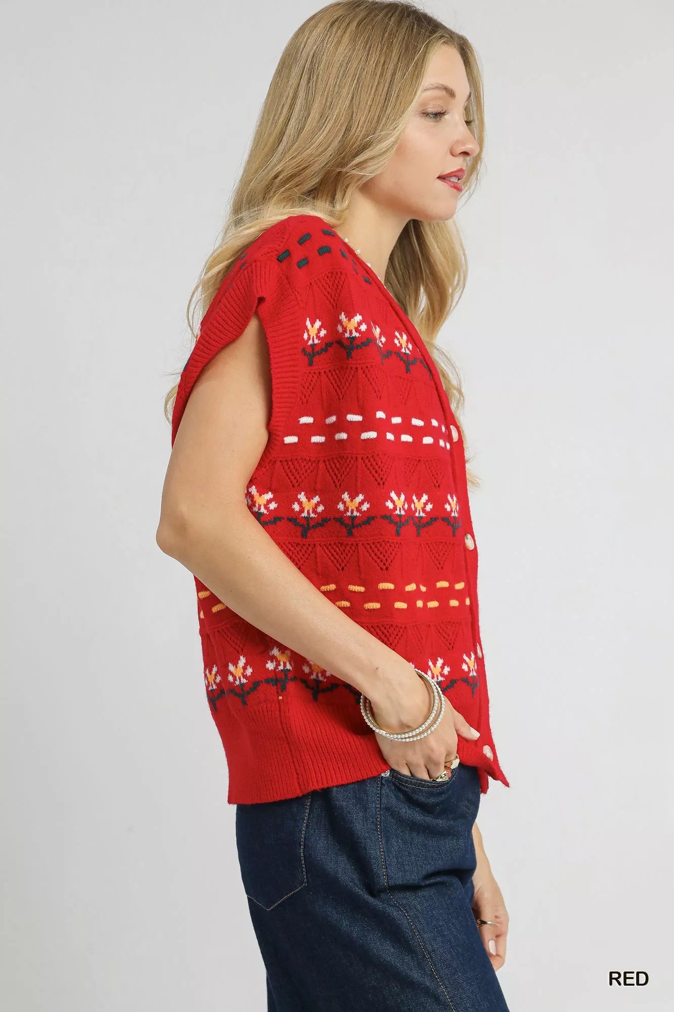 Umgee Red Button-Down Knit Vest with Floral Pattern
