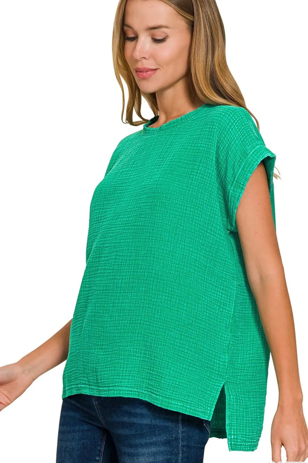 Zenana Kelly Green Woven Double Gauze Acid Washed Short Sleeve Top