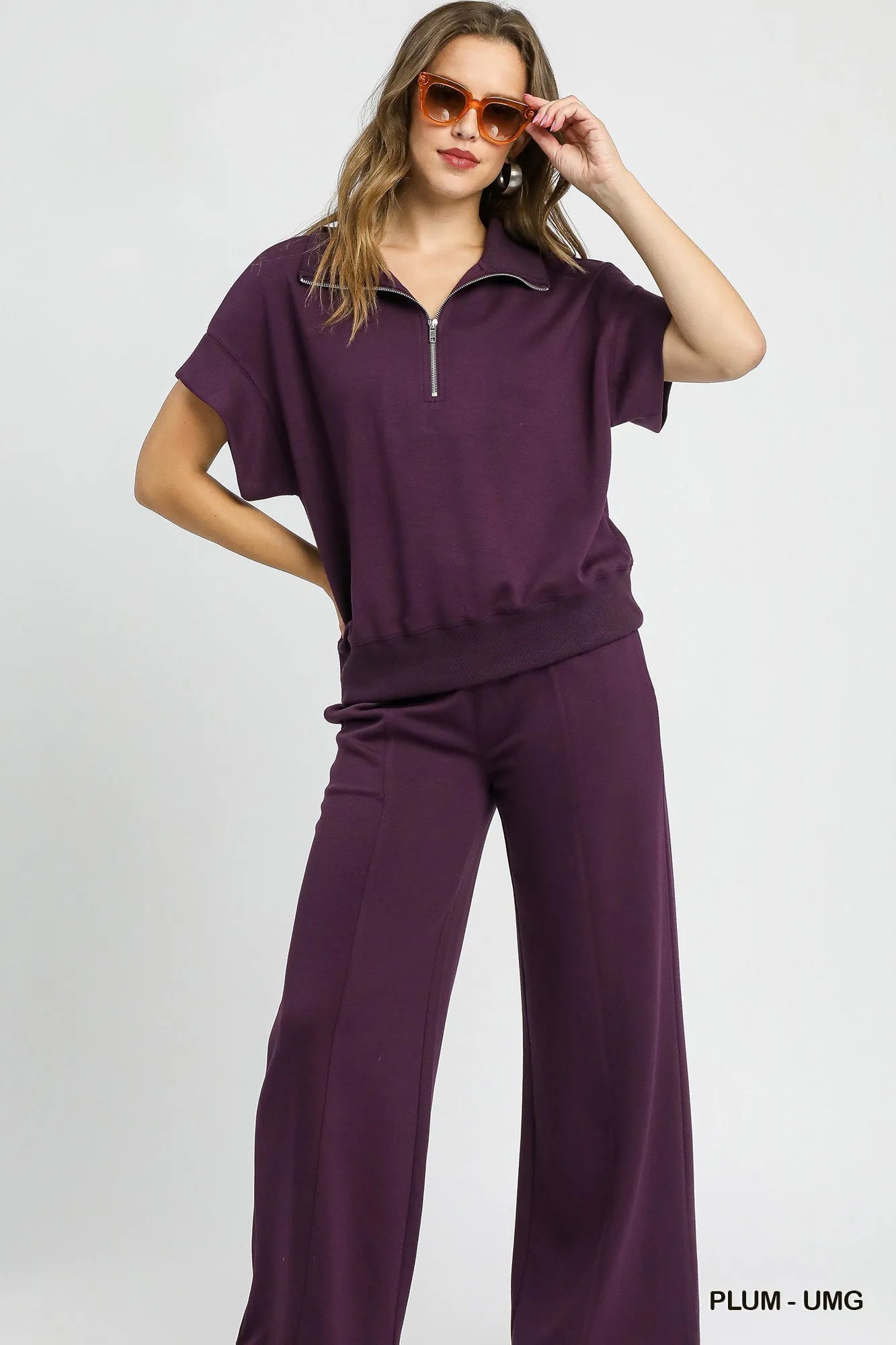 Umgee Plum Half-Zip Short Sleeve Top