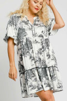 Umgee Black Two Tone Landscape Print Dress with Balloon Sleeves