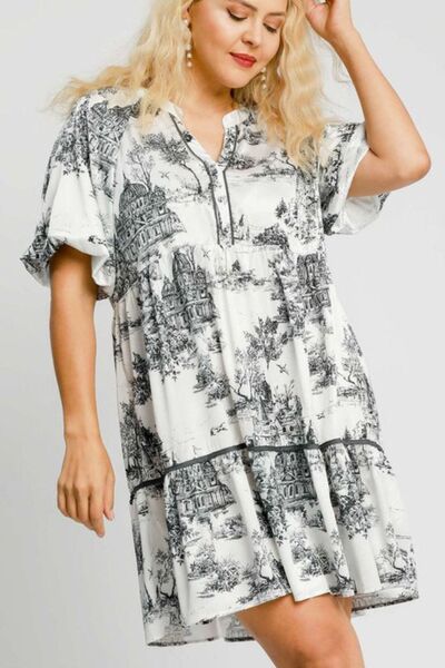 Umgee Black Two Tone Landscape Print Dress with Balloon Sleeves