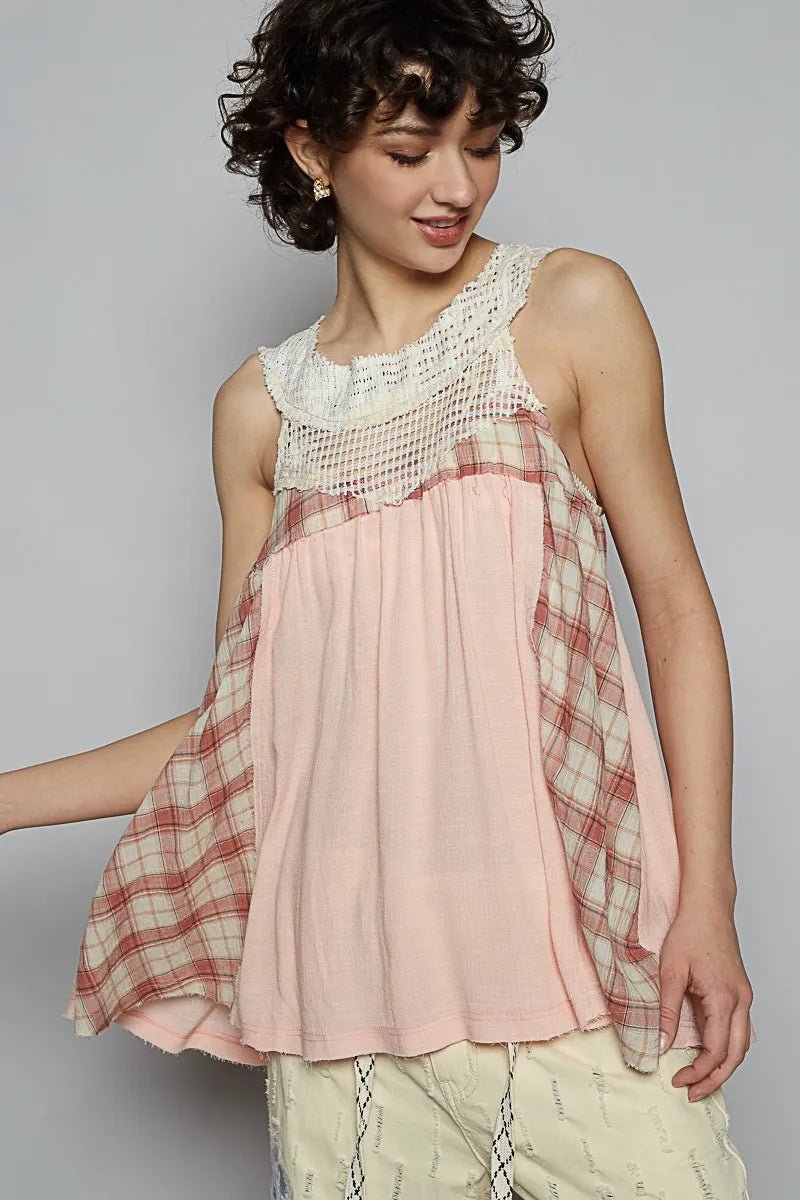 POL Crochet Lace Plaid Panel Detail Tank in Watermelon Pink
