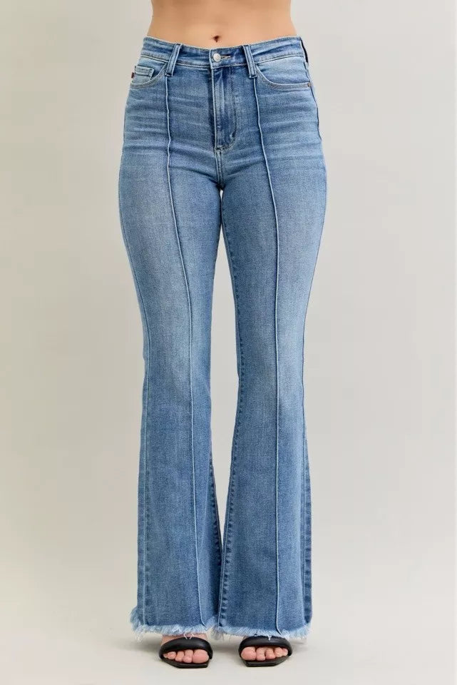 Judy Blue Medium Washed High Waist Flare Fray Hem Jeans with Front Pintuck Detail MD