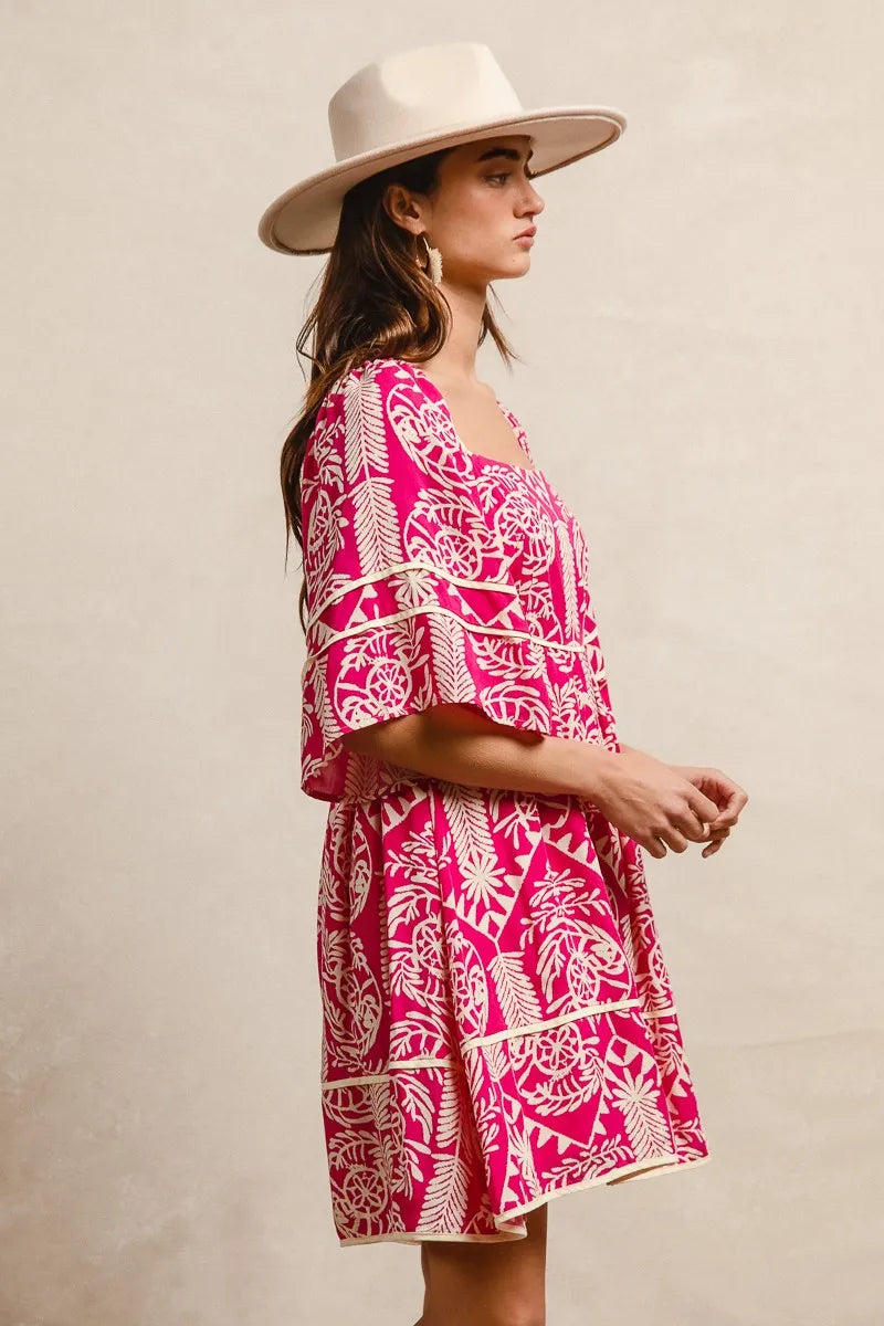 BiBi Fuchsia Aztec Woven Printed Contrast Binding Dress