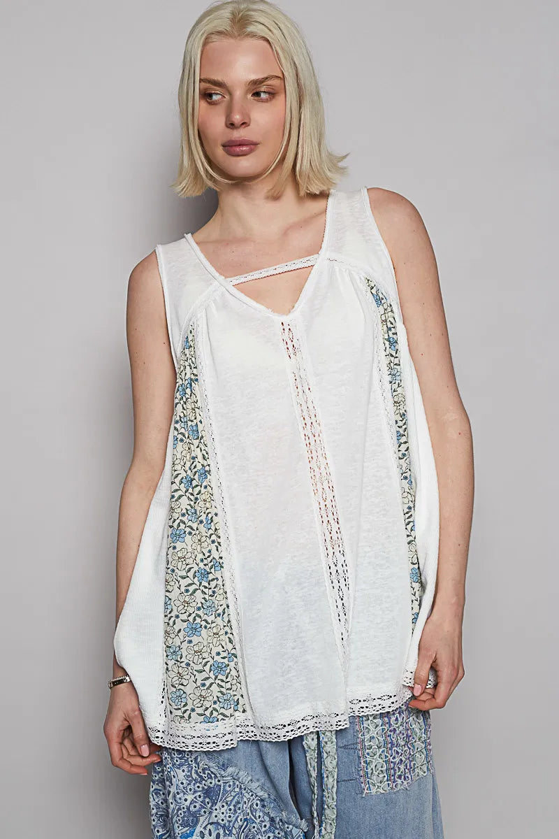 POL Off White V Neck Sleeveless Tank Top with Lace Detail