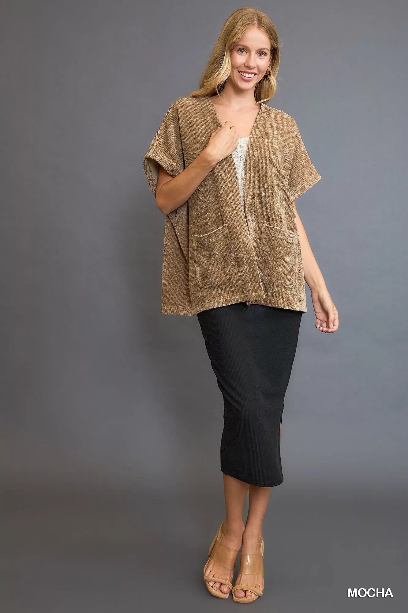 Umgee Mocha Open Front Knit Cardigan with Front Pockets