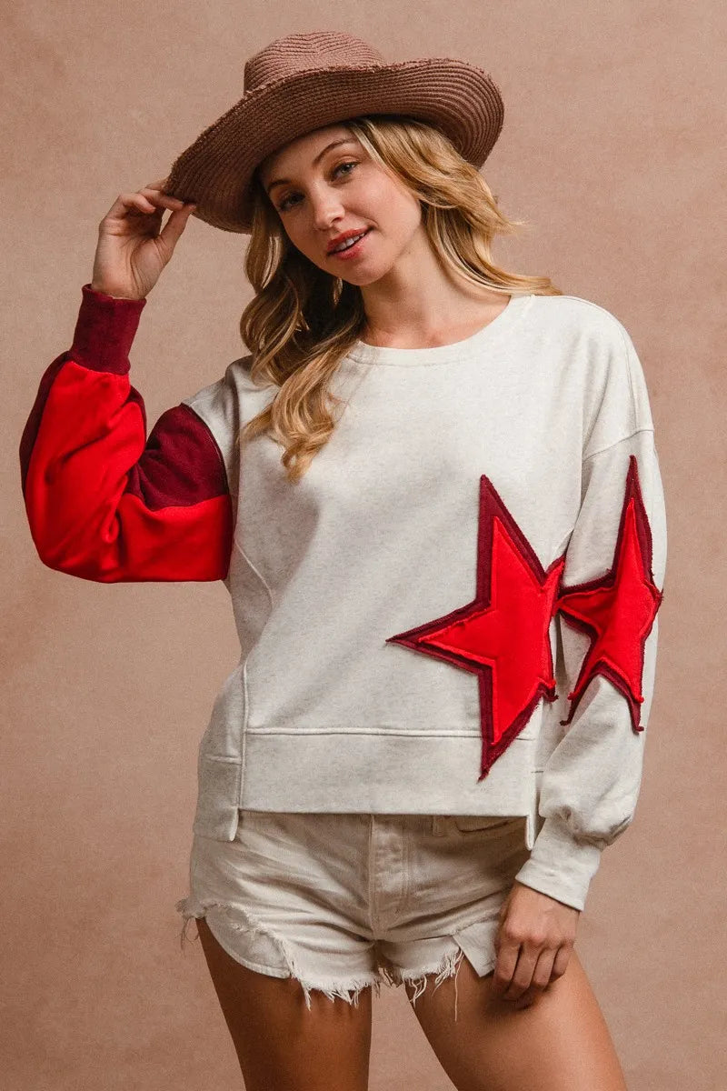 BiBi Star Patch And Spliced Hemline French Terry Long Sleeve Sweatshirt