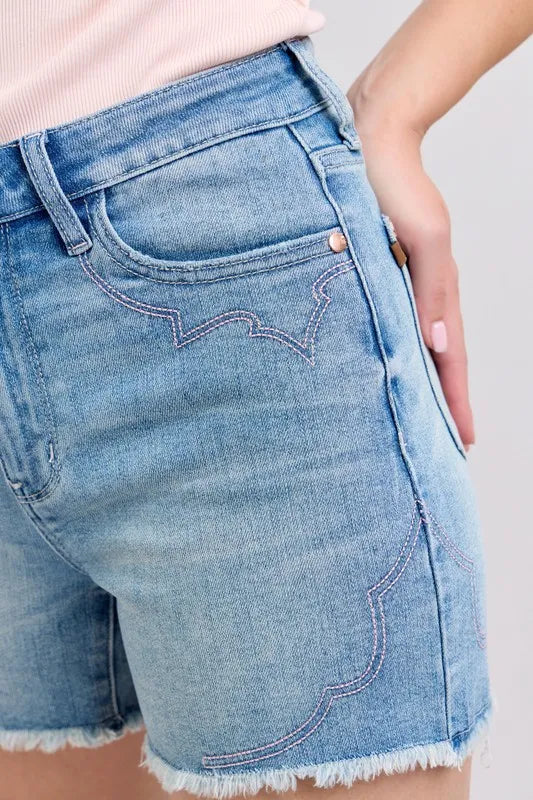 Judy Blue High Waist Western Pink Embroidery Detail Cut Off Denim Shorts