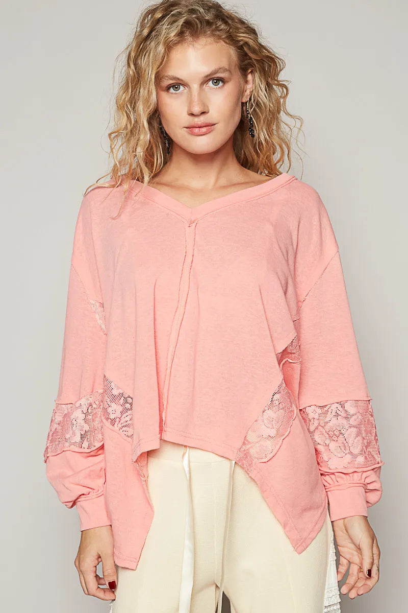 POL V-Neck Long Sleeve T-Shirt with Lace Detail Blush Pink