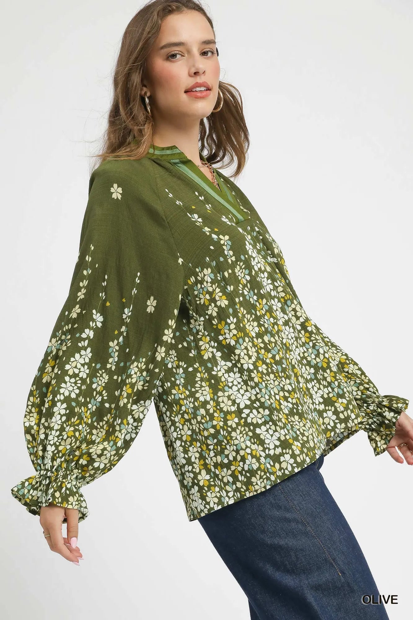 Umgee Olive Floral Vine Print Blouse with Balloon Sleeves