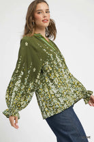 Umgee Olive Floral Vine Print Blouse with Balloon Sleeves
