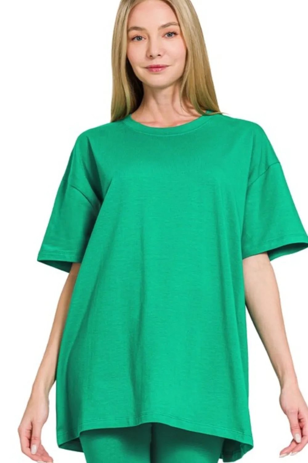 Zenana Kelly Green Cotton Round Neck Top & Biker Shorts