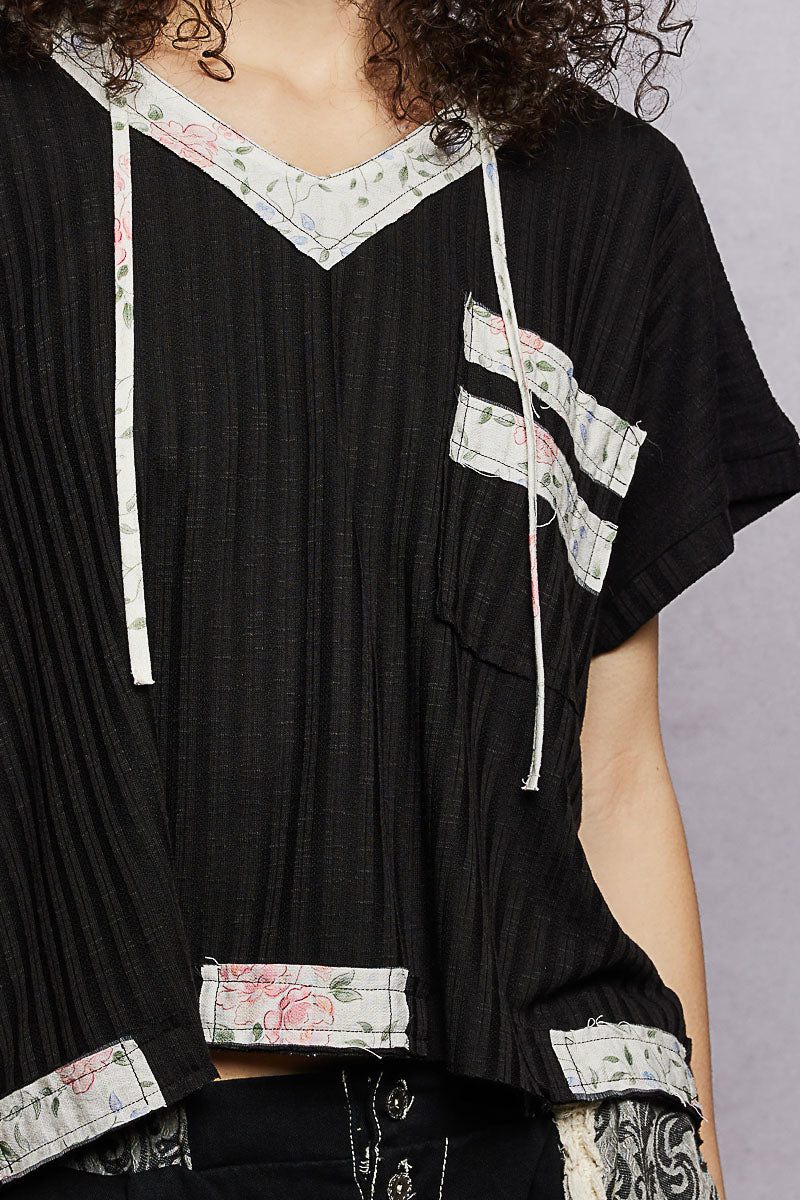 POL Black Short Sleeve Hooded Top with Back-Open & Pearl Detail