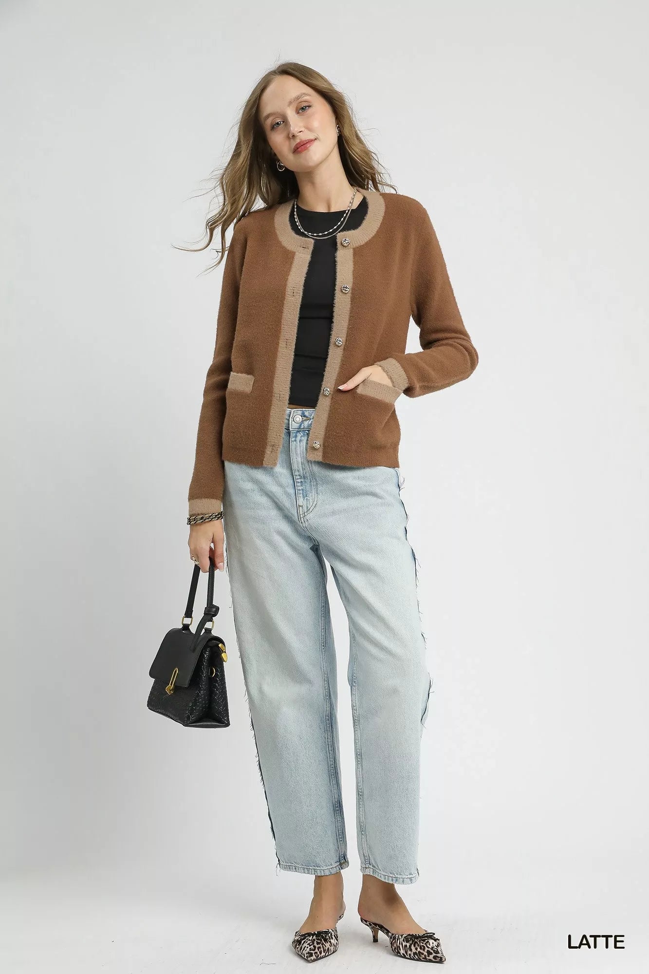 Umgee Latte Two-Tone Button Front Cardigan