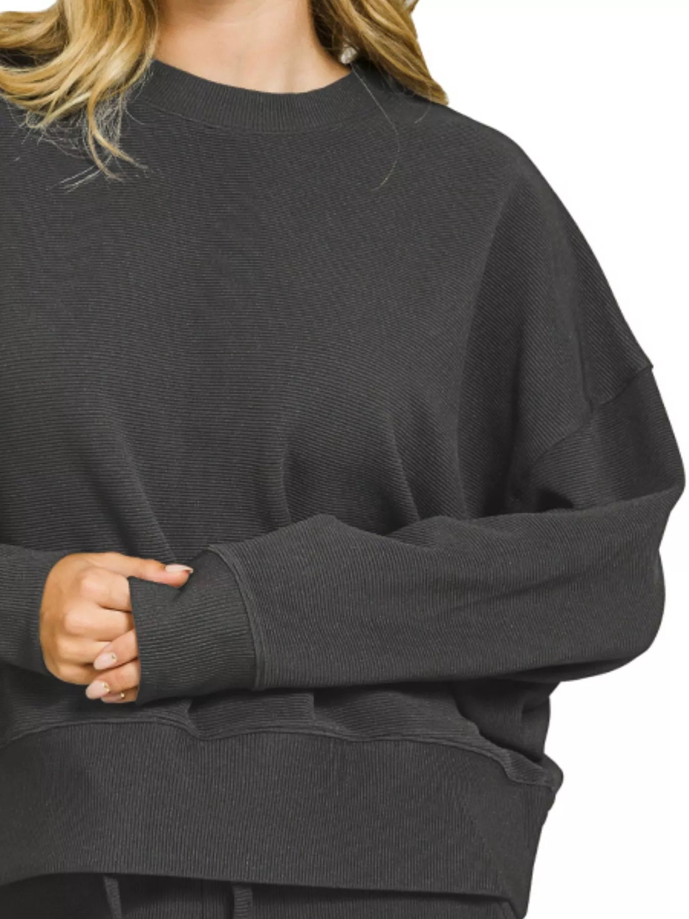 Zenana Black Ribbed Round Neck Pullover and Shorts Set