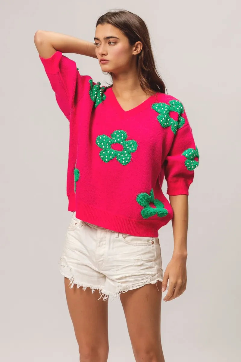 BiBi Fuchsia & Jade Pearl Beads Flowers Sweater Top
