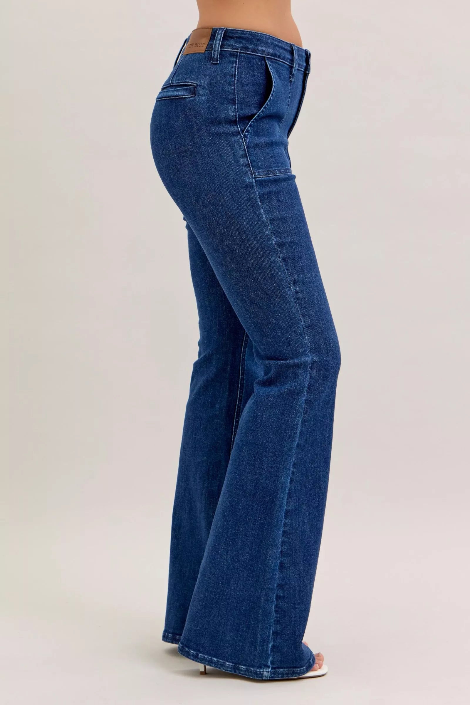Judy Blue Dark Washed High Waist Flare Jeans with Front Patch Pockets