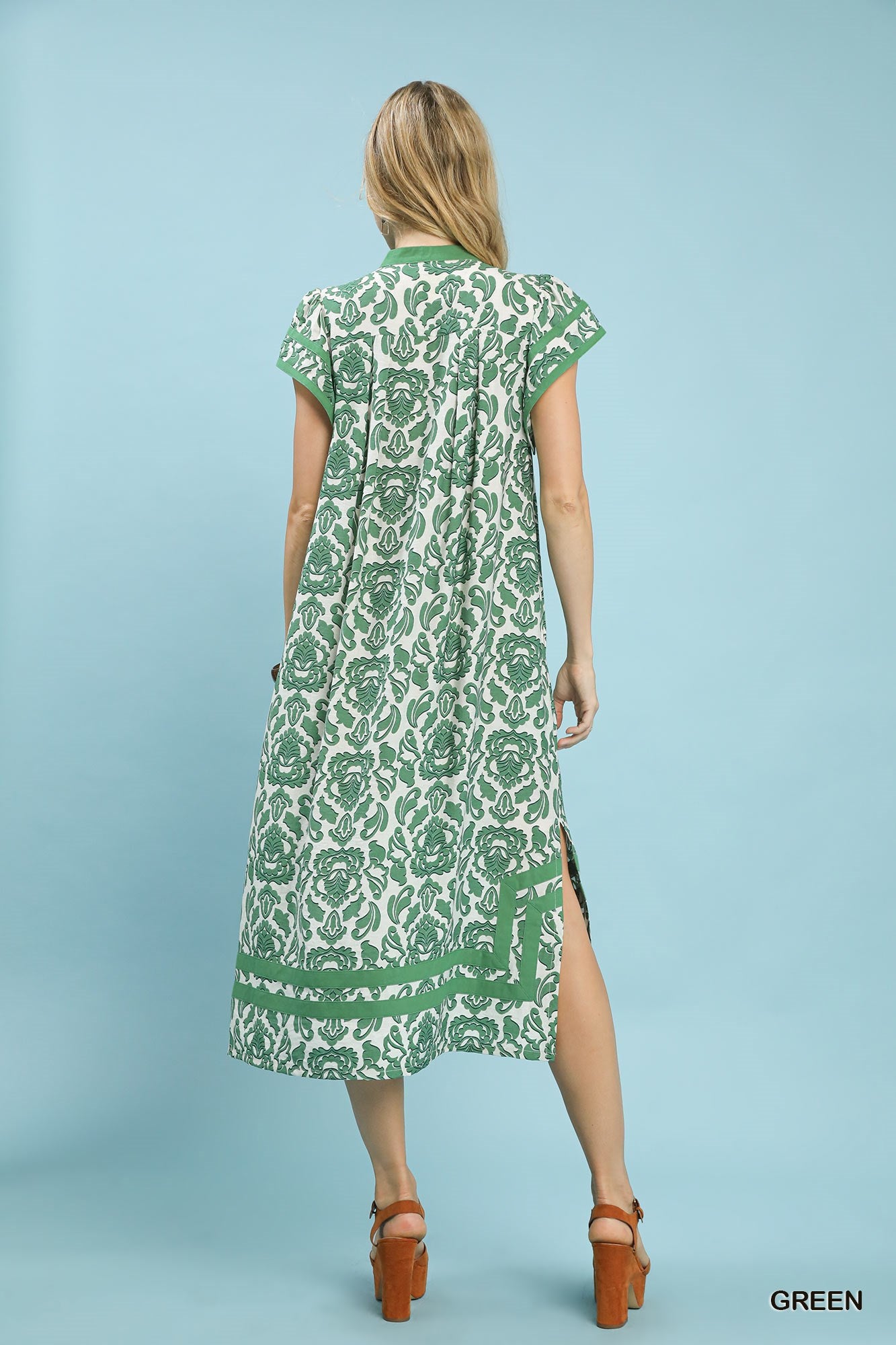 Umgee Green Abstract Two Tone Print Midi Dress