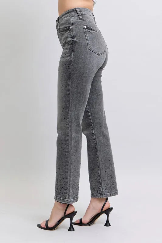 Judy Blue Gray High Waist Rhinestone Straight Jeans