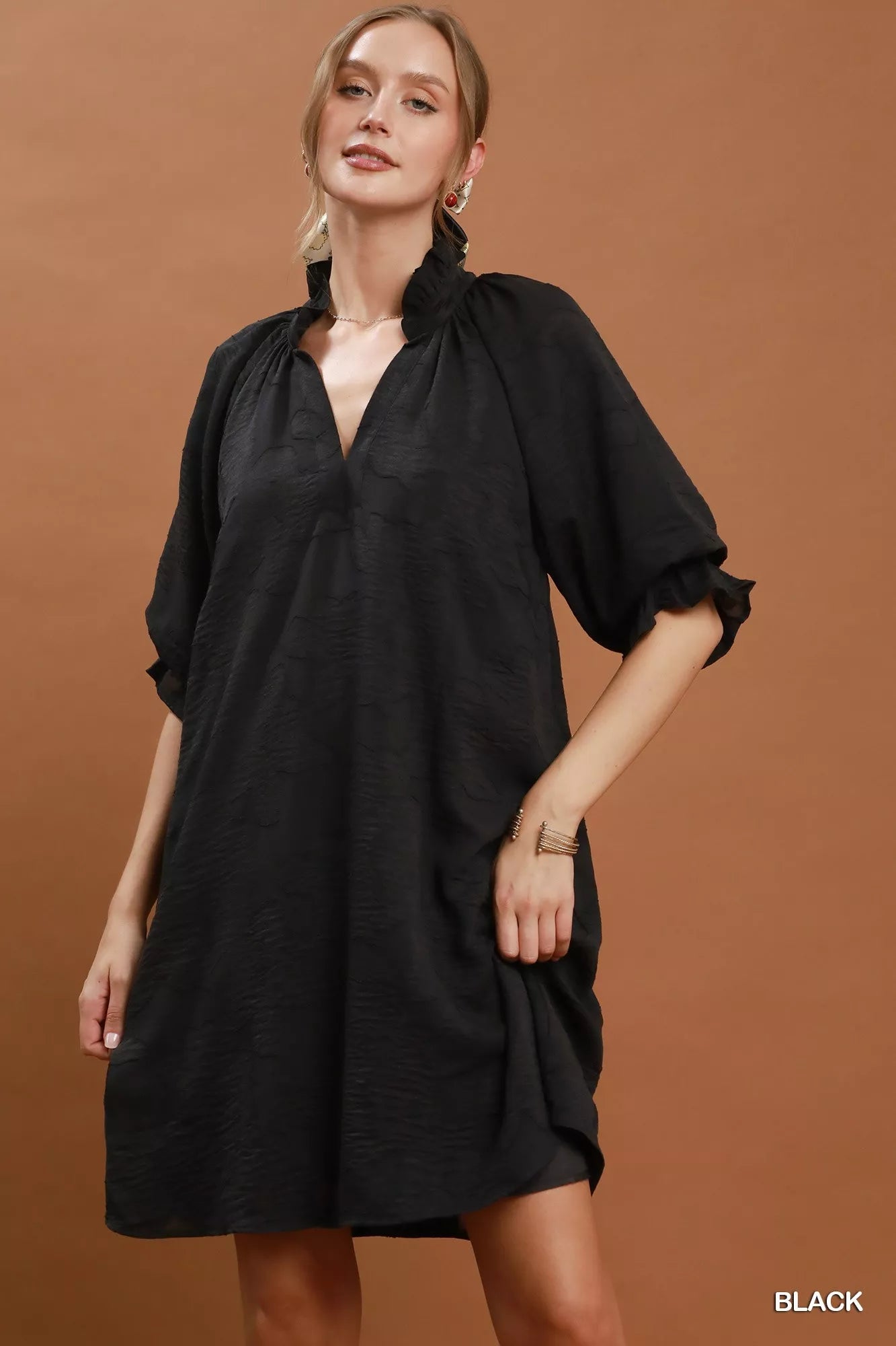 Umgee Floral Textured Jacqaurd V-Neck Dress BLACK