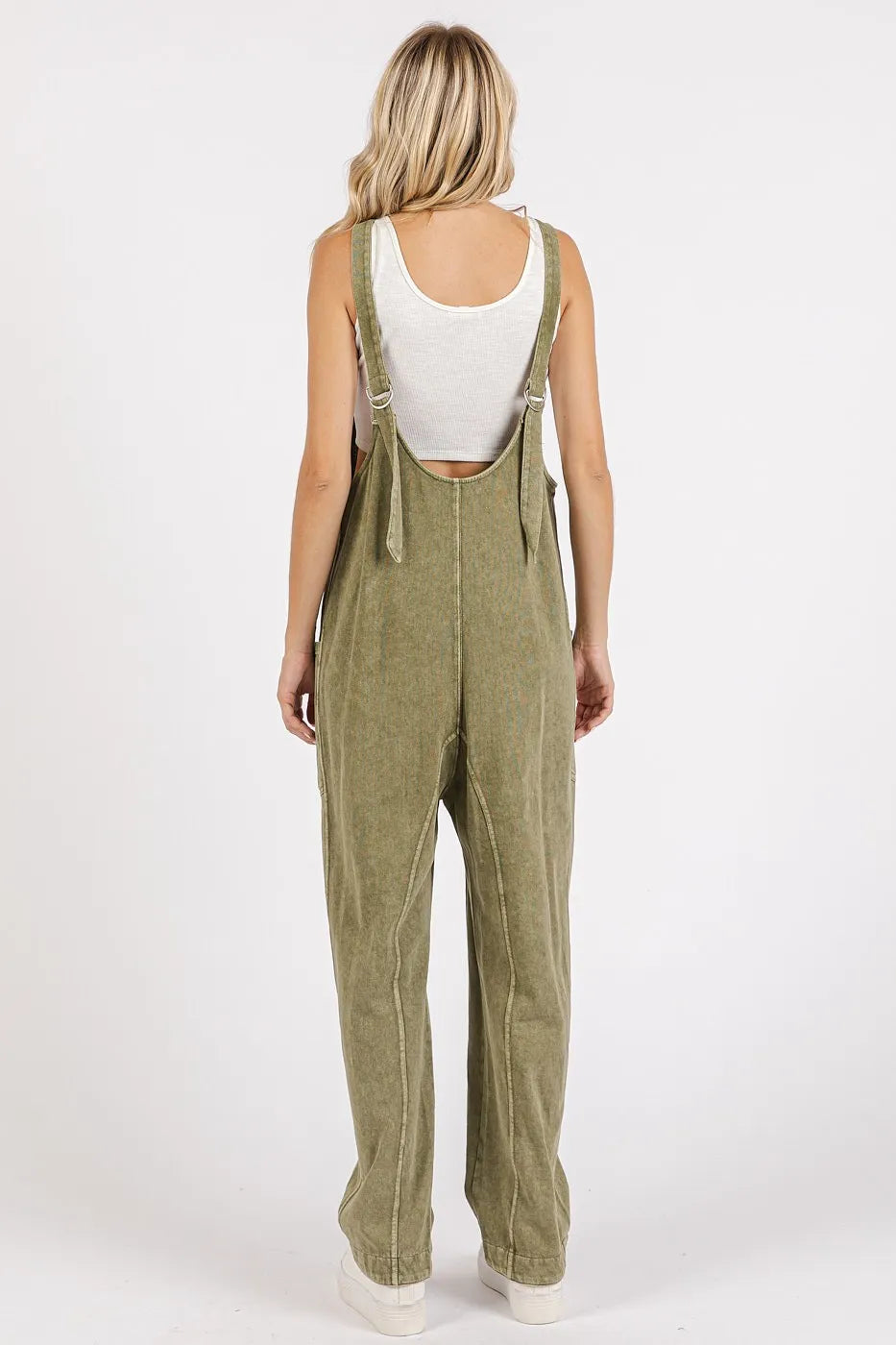Mittoshop Light Olive Mineral Wash Relaxed Fit Sleeveless Harem Jumpsuit