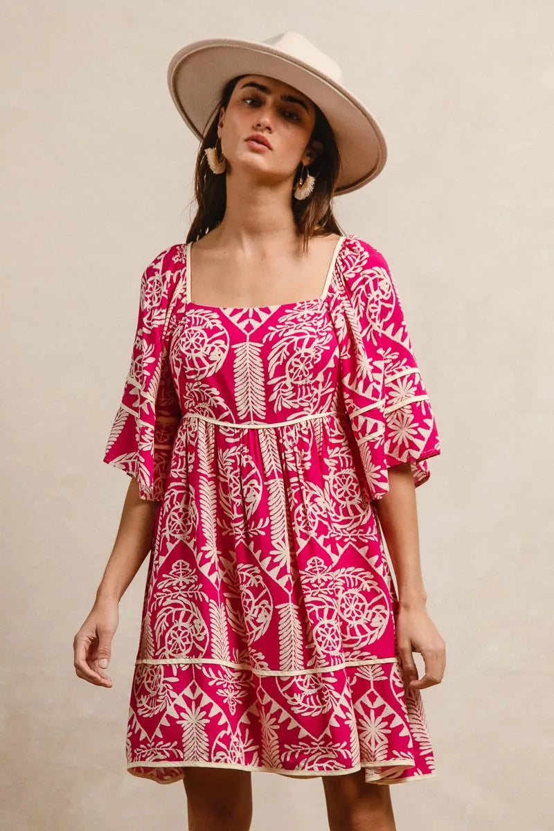 BiBi Fuchsia Aztec Woven Printed Contrast Binding Dress