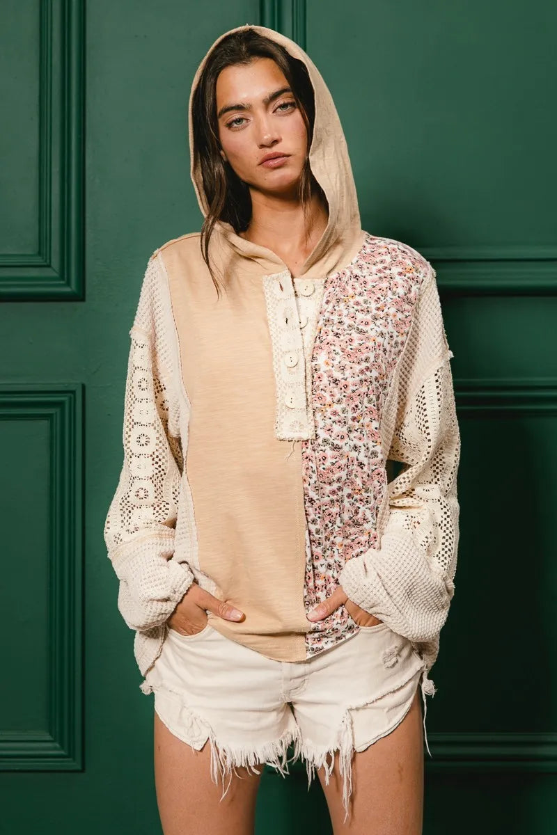 BiBi Taupe Slub Jersey with Lace Combo Buttoned Hoodie Top