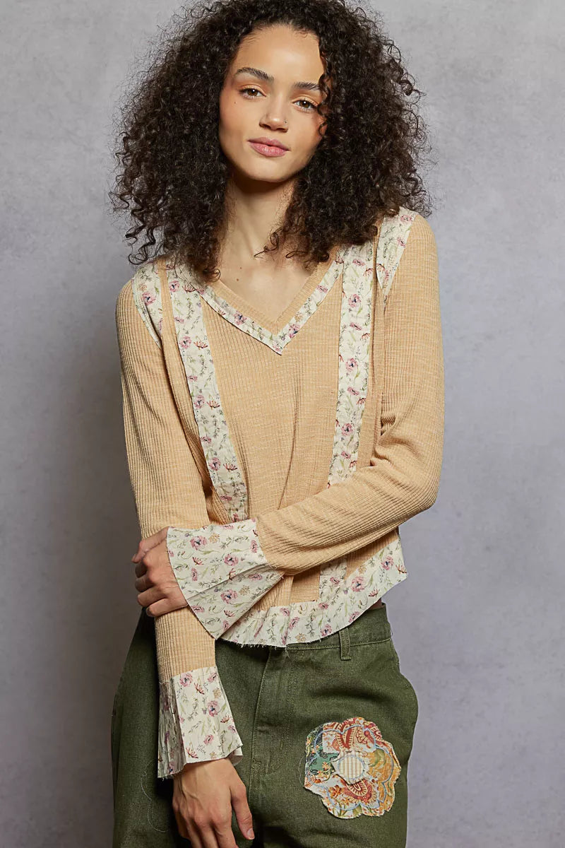 POL Nude Beige Floral Patch V-Neck Long Sleeve Ribbed Top